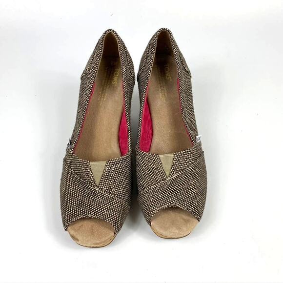 Women's Toms Stella Peep Toe Cork Wedge Shoes Tweed Black & Natural Size 8 - Picture 4 of 9